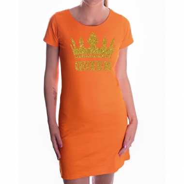 Oranje koningdag queen jurkje met gouden glitters en kroon dames