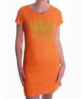 Oranje koningdag queen jurkje met gouden glitters en kroon dames 10220326